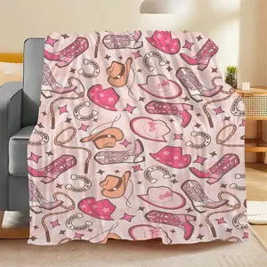 Western Cowboy Boots & Hat Print Flannel Blanket - Soft Pink Cowgirl Design With Horseshoe Pattern, Lightweight All Season Use For Bed, Sofa, Camping, Travel - Pink Cowgirl Boots