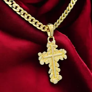 High-End Brass Golden Nugget Cross Pendant & 14K Stamped 6mm 20" 24" Cuban Chain Religious Necklace Hip Hop Celebrity Style Daily Wear