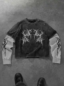 Metallic Dark Aesthetic Alternative Style Fitted Long Sleeve T-Shirt, Thorn Totem Print, Casual Wear for All Seasons, Unique Patchwork Sleeves