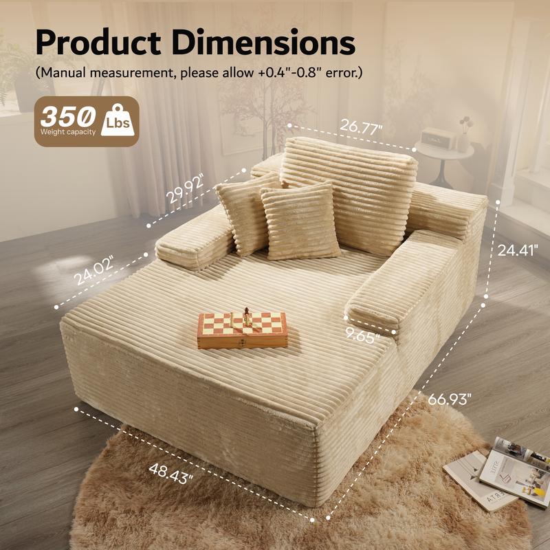 【Jumpstart Sale】Ovios 49'' Boneless Chaise Lounge with Cup Holders, Upholstered Sofa Bed with Throw Pillows and Armrests, Indoor Sleeper Chair- Luxurious Plush Corduroy Chair Bed for Living Room - No Assembly Required