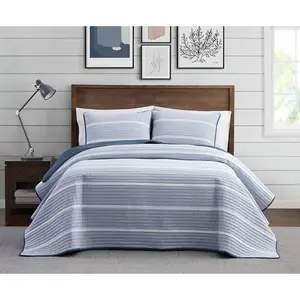 Brooklyn Loom Quilt Set Cotton Blend Yarn Dyed Stripes, Blue, Twin/TwinXL