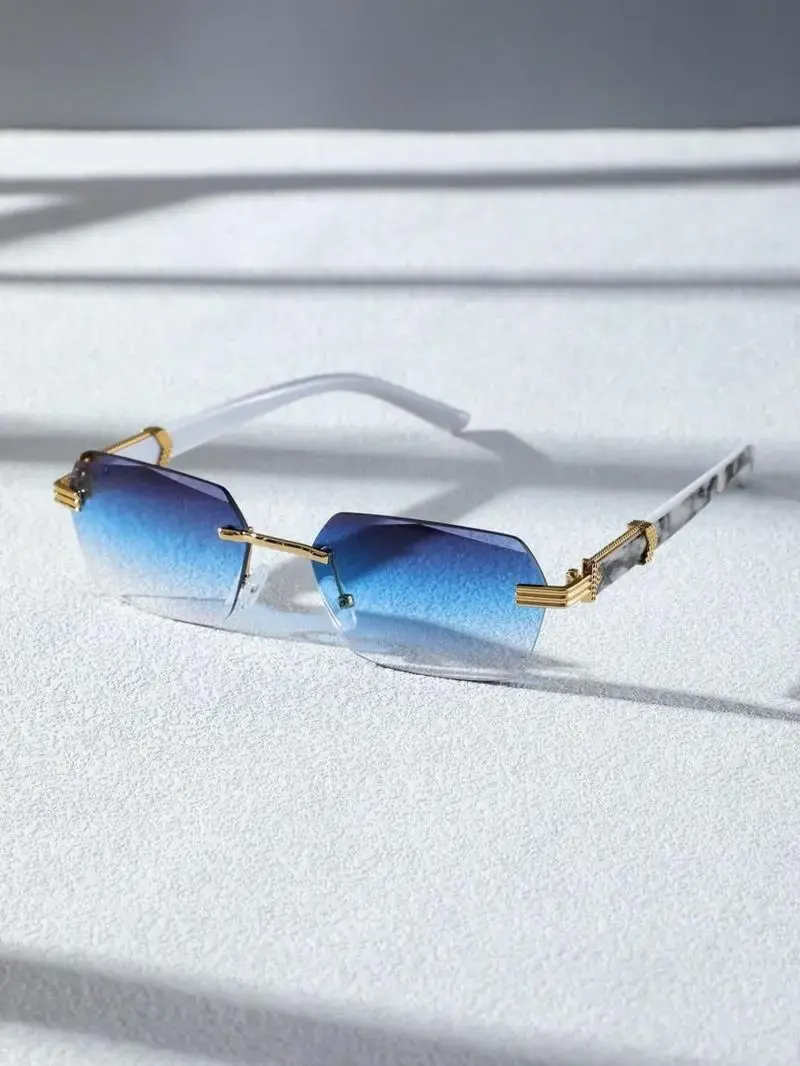 Luxury Rimless Polygon Sunglasses for Women Men, Cut Edge Gradient Lenses with Patterned Temples, Lightweight UV Protection for Streetwear, Men's Sunglasses, Sun Protection
