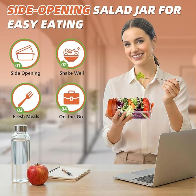 Salad Jar with Side Opening – Double-Lock Leak-Resistant Design, Vertical Layering Keeps Salads Fresh, Leak-Proof Salad Jar with Dressing Cup, Durable Salad Container for Lunch, Meal Prep & Work