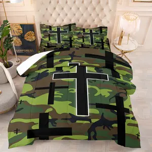 Camouflage Cross Print Comforter Set, Soft Warm Blanket with 1-2 Coreless Pillowcases, Military Green Camo and Black Cross Pattern, Dark Industrial Style Bedroom Decor, Gift for Trendy Cool Boys