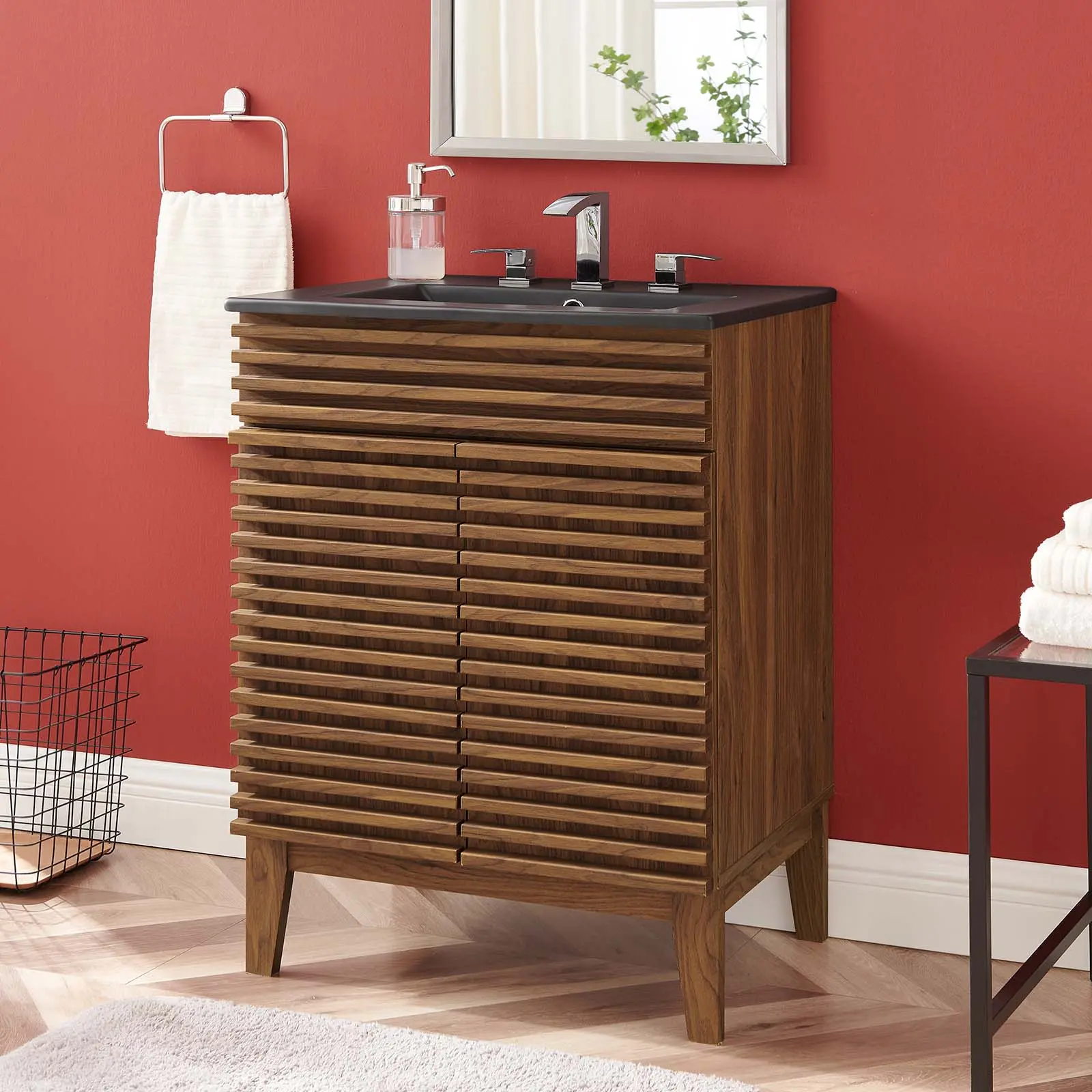 Modway Render 24" Mid-Century Modern Bathroom Vanity - Walnut Black Bathroom Cabinet, Freestanding Storage Cabinet with Laminate Finish and Curved Ceramic Basin