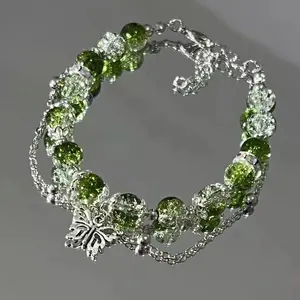 Niche Design Super Fairy Butterfly Bracelet for Women Sweet Green Bead Tassels Chain Elastic Bracelet Exquisite Girl Jewelry
