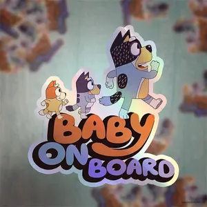 Waterproof Holographic Vinyl "Bluey, Bingo and Bandit" Baby on Board Sticker / Baby Car Decal