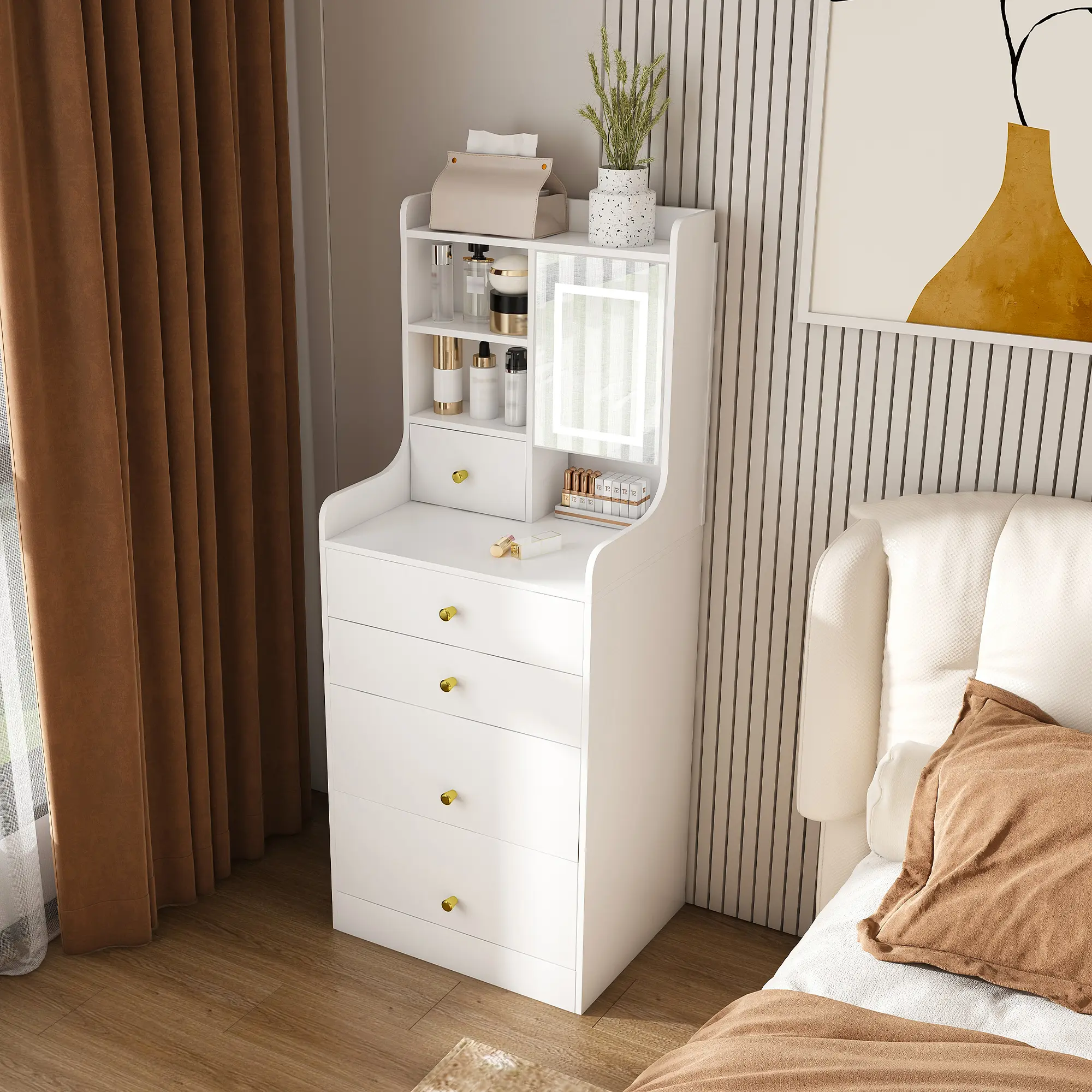 3-in-1 Lighted Vanity Nightstand - Compact White Density Board Desk with 4-Drawer Storage Cabinet, Hidden Stool, Foldable Open Bookshelf for Bedroom Organization