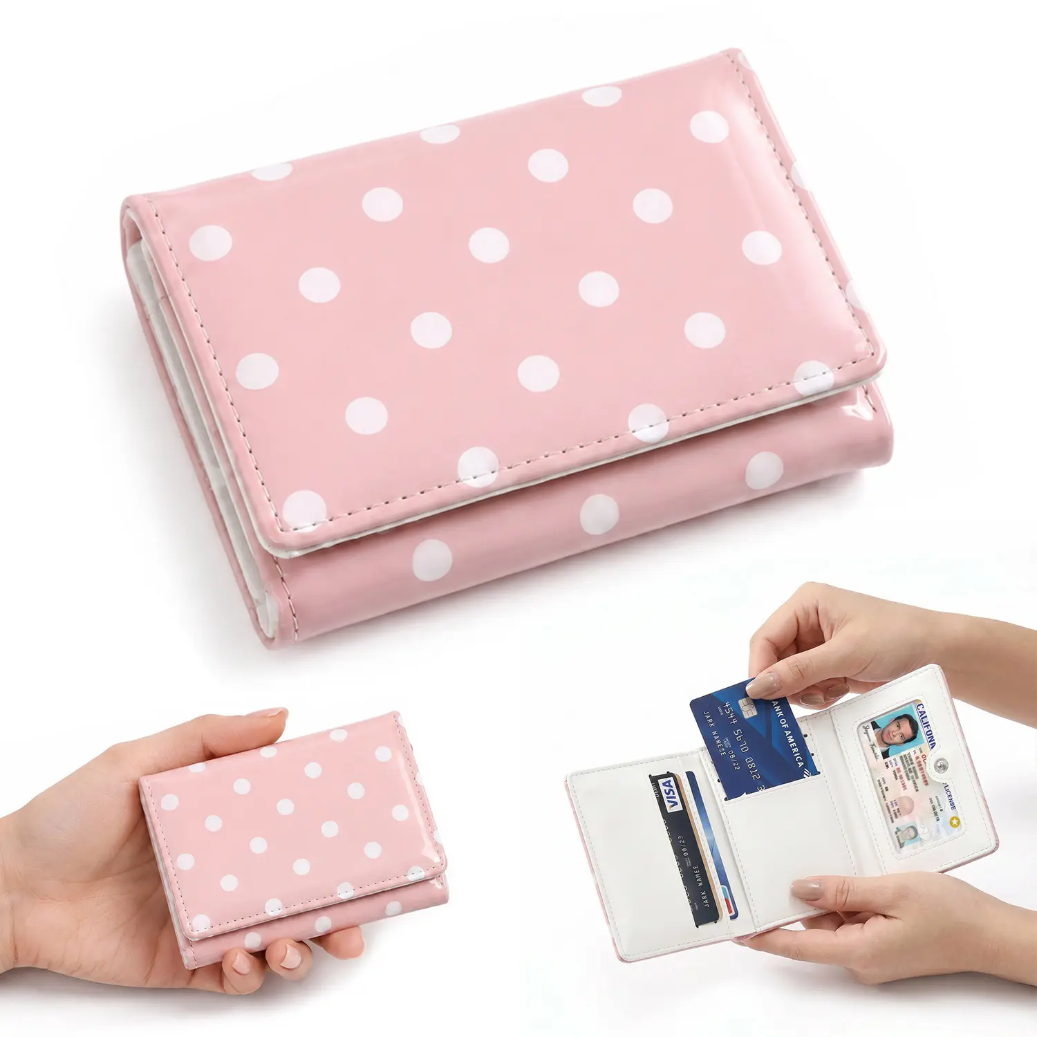 Small Wallet for Women, Cute Pink Polka Dot Trifold Wallet with Clear ID Window, Multiple Card Slots & Snap Closure, Compact Glossy PU Leather Card Holder for Everyday Carry
