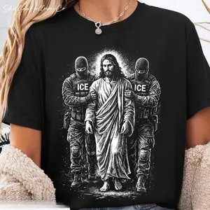 100% Cotton Anti ICE Jesus Arrested T-Shirt: Unsiex Sarcastic Immigrant Rights Political Protest Tee