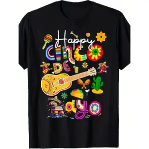Men's & Women's Mexican Fiesta T-Shirt - Retro Sombrero, Maracas, Cacti & Piñatas Print, Vibrant Suitable for Cinco De Mayo Party Outfits, Casual Short Sleeve Round Neck Tee for, Machine Washable Mexican Theme Apparel