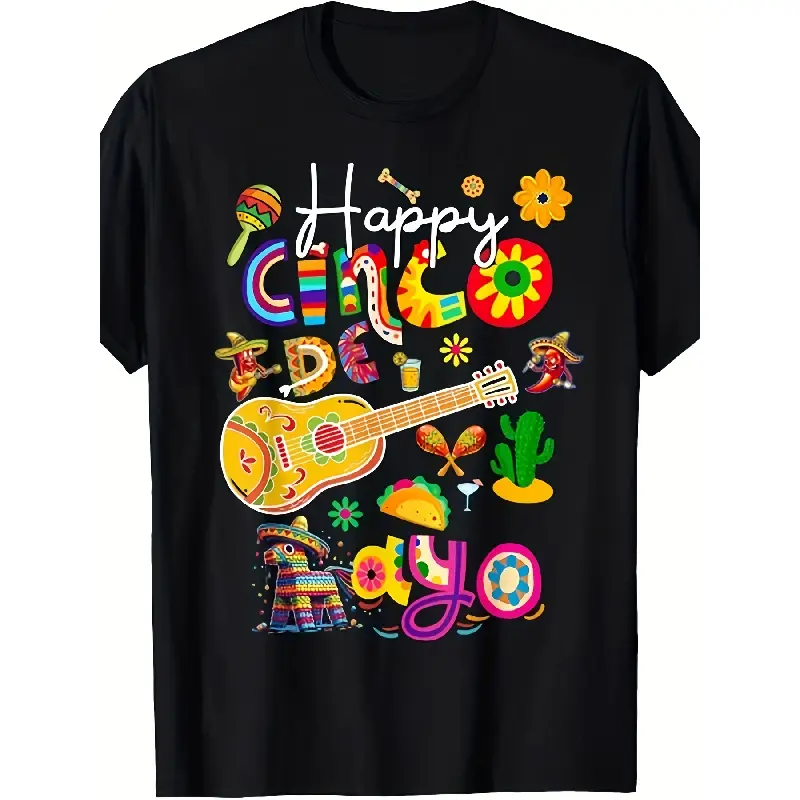 Men's Vintage Graphic Tshirt, Casual Streetwear Top with a Mexican Fiesta Print, Shortsleeve Round Neck for Cinco De Mayo Party