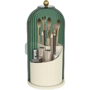 Makeup Brush Holder with Lid Cosmetic Tools Organizer 360 Rotating Waterproof Dustproof Beauty Brushes Storage for Vanity, All Green