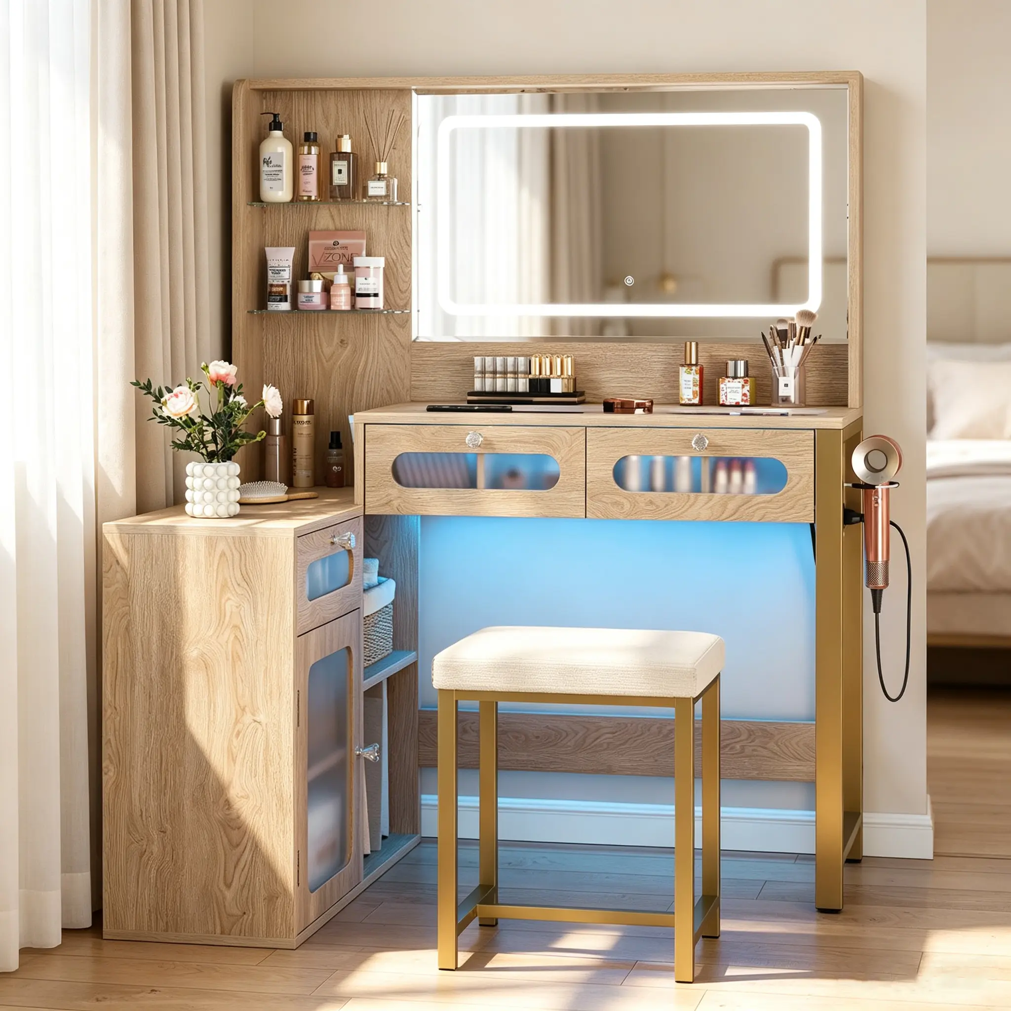 42.71" Makeup Vanity Desk with Mirror and Lights, & Power Outl, Glass Top Big Vanity Table with 3 Drawers& 4 Storage Shelves, Dressing Table Set with Chair for Bedroom, White modern corner large led-lit