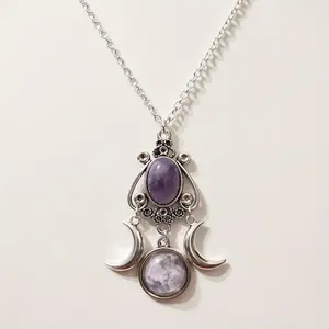 Triple Moon Goddess Amethyst Pendant Necklace - Unique Bohemian Ladies' Gift