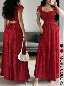 1 Piece Spring & Summer Ruffled Square Neck Polka Dot Maxi Dress , Back Tie Design Retro Sweet Style for Date Nights and Vacation,Waist-Cinching Slimming Romantic Girl Style for Parties and Daily Outings