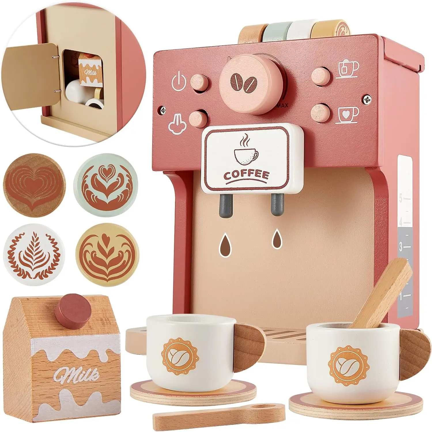Toy Coffee Maker for Kids, Wooden Coffee Playset Pretend Play Kitchen Accessories Gifts for Ages 3 4 5 Year Old Kids Toddler Boys Girls