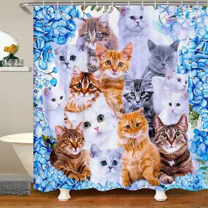 Cute Cat Shower Curtain with Hooks,Cartoon Pet Cats Waterproof Shower Curtain,Cute Kitten Print Bathroom Shower Curtain,72Wx72L Inch Washable