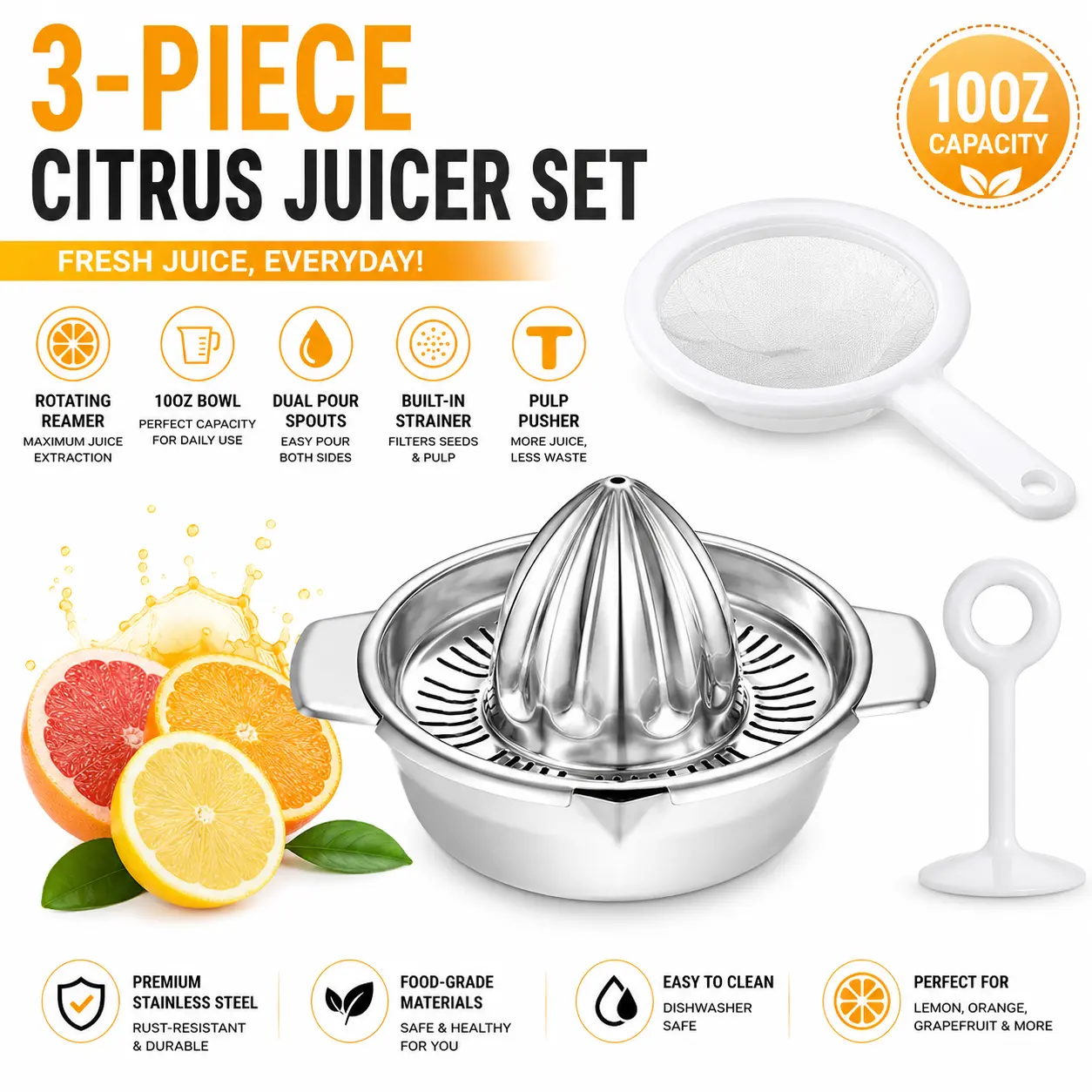 Stainless Steel 3-Piece Manual Juicer Kitchen Utensils Set, 10oz Bowl, Rotating Reamer, 2 Pour Spouts, Strainer & Pulp Pusher for Lemon, Orange, Grapefruit Daily Use