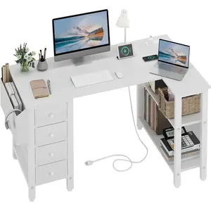 Lufeiya White L Shaped Computer Desk with Drawers & Storage Shelves, 47 Inch Corner Desk with Power Outlet,  Modern Vanity Table Furniture Sets Table  Ideal for Home Office & Bedroom Use