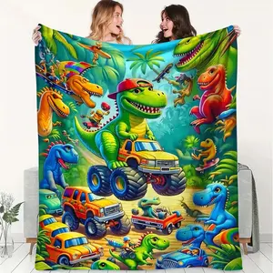 Dinosaur Off-Road Children Fun Cartoon Style Fleece Blanket,Fresh and Cheerful Style Themed Cover Blanket.Stylish Warm Soft Throw for Outdoor, Gift Blanket for Living Room and Travel. ﻿