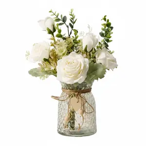 Fake Flowers with Vase, Silk Roses Artificial Flowers in Vase, Faux Flower Plant Arrangement Suitable for Home Office Decoration, Dining Table Centerpiece(White)