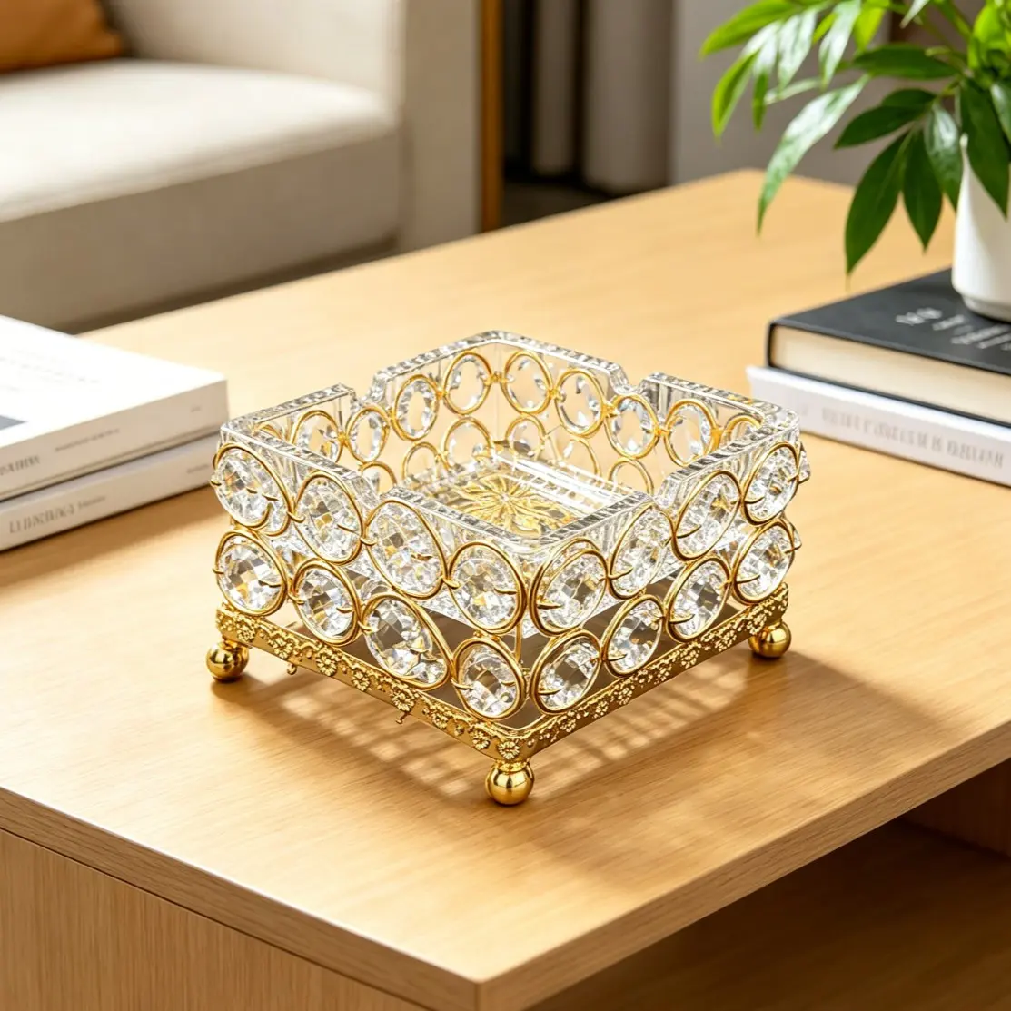 European Style Rhinestone Crystal Glass Ashtray, Luxury Desktop Decorative Storage Tray, Elegant Tabletop Organizer Gift