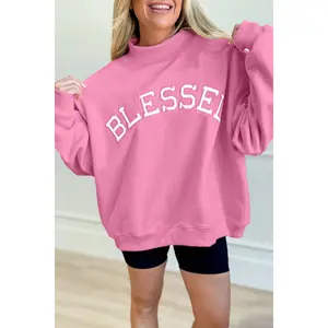 Bright Pink Oversize Blessed Embroidered Mock Neck Sweatshirt