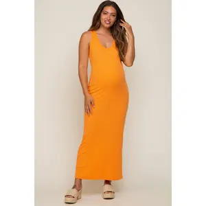 Orange Sleeveless Ribbed Maternity Maxi Dress