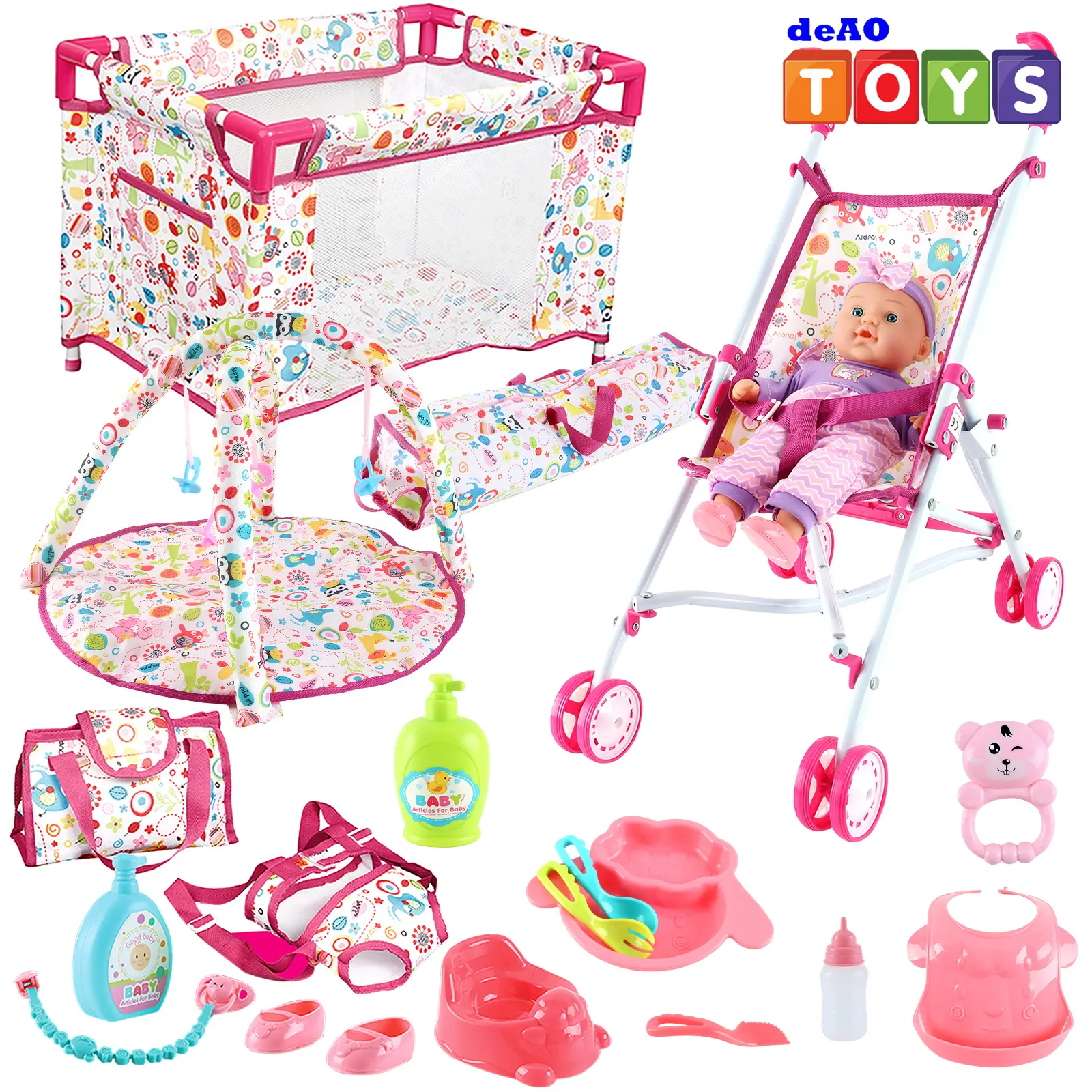 deAO Doll Stroller Nursery Role Play Set with a Variety of Feeding Toy and Play Mat Travel Cot Carrier Stroller and  Travel Bag #sohochic