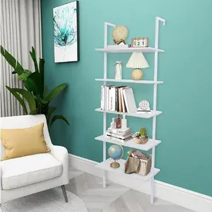 5 Tier Ladder Shelf Wall Mounted Bookcase with Metal Frame, Open Design Shelves Storage Rack for Living Room, Bedroom, Home, Office,White 23.62" L x 11.81" W x 70.87" H