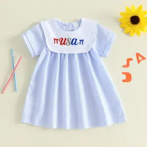 Toddler Girl USA Embroidery Dress - Peter Pan Collar Striped Bubble Sleeve Sundress summervibes