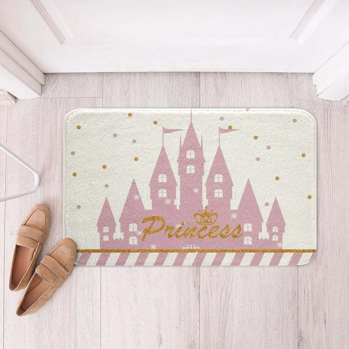 Girls Princess Bathroom Rug,Cartoon Castle Non Slip Bath Mat Woman,Gold Glitter Dots Lines Shaggy Absorbent Floor Mat Sweet White Pink Bath Indoor Doormat Decor