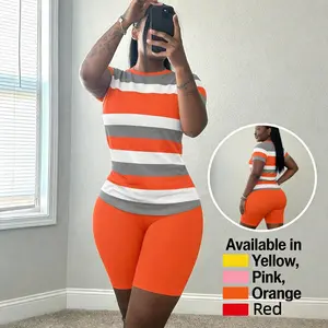 Women's 2025 Trendy Plus Size Casual 2-Piece Set - Polyester Shortsleeve Round Neck Top, Color Block Striped, Stretchy Biker Shorts, Soft Comfy Breathable Everyday Loungewear, Vibrant Orange Streetwear, TikTok Fashion Must-Have