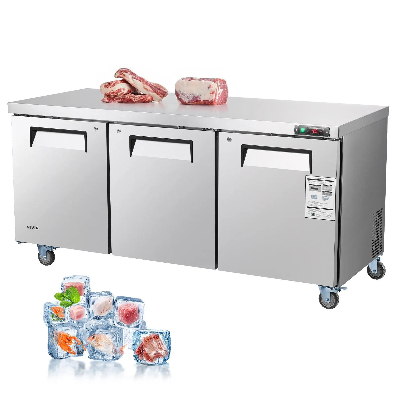 VEVOR 450W Commercial Stainless Steel Freezer, 17.7 Cu. Ft Undercounter 3-Door Worktop Freezer with LED Auto Lighting, Lockable Door, Casters, 1830x760x900 mm, 111 kg/244.71 lbs Food Prep Worktable