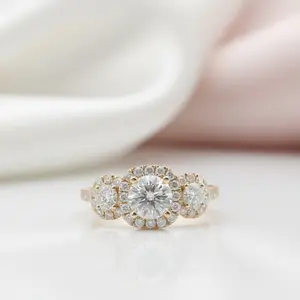 14k Yellow Gold Round Cut Diamond Option 3 Stone Halo Engagement Ring