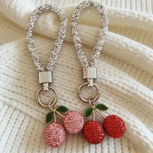 Cherry Keychain, Mobile Phone Pendant, Women's Crystal Rhinestone Key Chain, Sparkling Bling Charm for Backpacks, Handbags, Car Keys, and Phones