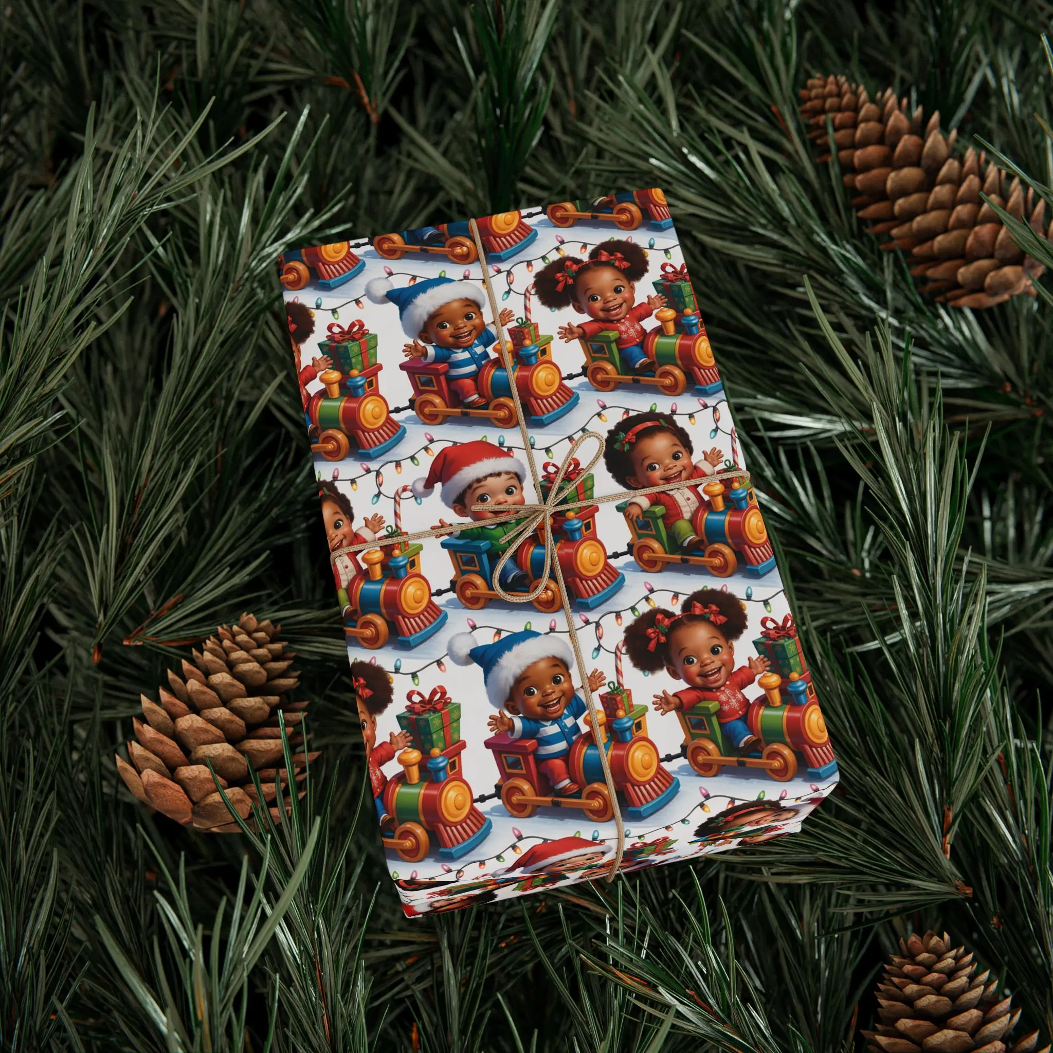Black African American brother and Sister riding on a train, Candy Cane, Santa Hat, Black Girl Magic Birthday or Christmas Wrapping Paper, Melanin Girl Pride, African Gift Wrap, Kwanzaa, Ethnic Paper