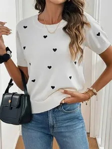 USEEN 2026 US New Lady's Heart Print Short-Sleeve Mock Neck Knit Pullover Tshirt, Loose-Fitting Comfortable Knit Fabric, Minimalist Outfits for Casual Everyday Wear, Multi-Size