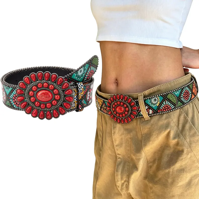 Women's PU Leather Cowboy Waist Belt - Durable, Blinged-Out Ethnic Pattern Accessory for Wife, Fiancee, Vintage Western Rodeo Outfits, Country Concerts, Accessories for Women