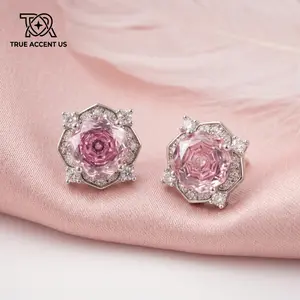 True Accent US Carved Pink Rose Stud Earrings Cubic Zirconia Halo Jewelry For Women BFF Sister Gift Party Prom Anti Tarnish Floating Display Box Coquette Fairycore Aesthetic Cute Trendy