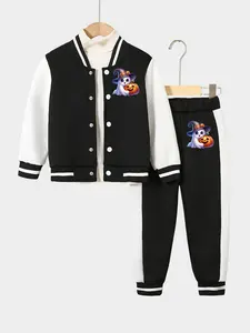 Boys Kids Halloween Cartoon Print Fleece Sweatshirt Fashion Versatile Sports Clothing Baseball Outdoor Set