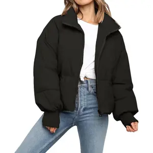 Women’s Winter Cropped Puffer Jacket Casual Quilted Baggy Long Sleeve Zip Down Outerwear