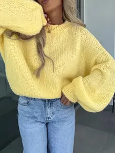 Elegant Fashion Comfortable Women's Plus Size Loose Fit Long Sleeve Knitwear Pullover, Casual Solid Round Neck, Best Fall Winter