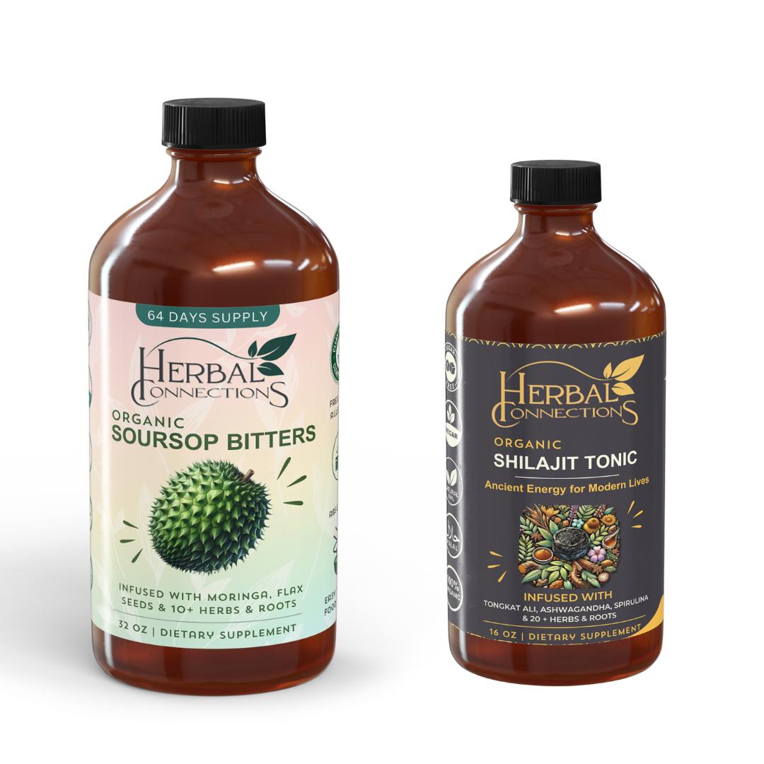 Organic Soursop Bitters 32 oz & Organic Shilajit Tonic 16 oz 20 Herbal blends for Gut Health, Detox, Energy, Vitality &