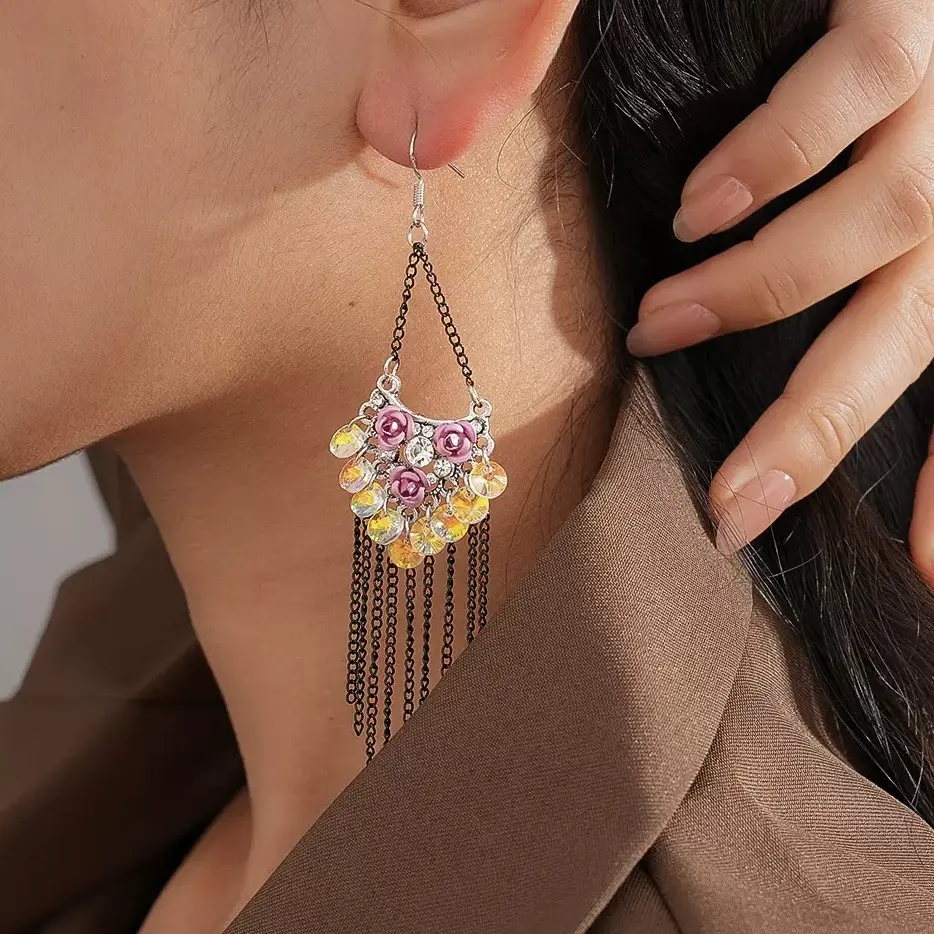 Vintage ethnic style diamond-encrusted glass flower fringed women's earrings