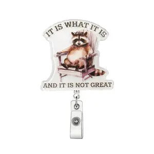 Cute Raccoon Design Badge Holder, 1 Count Badge Reels Retractable, Creative ID Card Holder for Student Office Staff Doctor Nurse Teacher