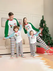 Family Christmas Pajama Set, Colorblock Shoulder Sleeve Design, Cute Xmas Elf Print Top & Striped Pants, Soft Fabric for Cozy Holiday Nights