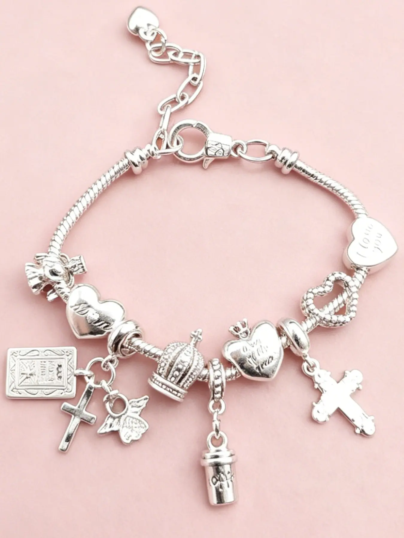 Y2K & Vintage Street Fashion Charm Bracelet, Retro Cross Angel Bible God Heart Design, Adjustable for Girls, Perfect for Gifts, Bracelet with Charms, Heart Shaped Bracelet, Bracelet Jewelry, Heart Bracelets, Fashionable Bracelet