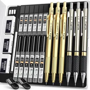 Gold Art Mechanical Pencil Set, Metal Drafting Pencil 0.5, 0.7, 0.9mm & 2mm Lead Holder(2B HB 2H) For Sketching Drawing With Lead Refills Case
